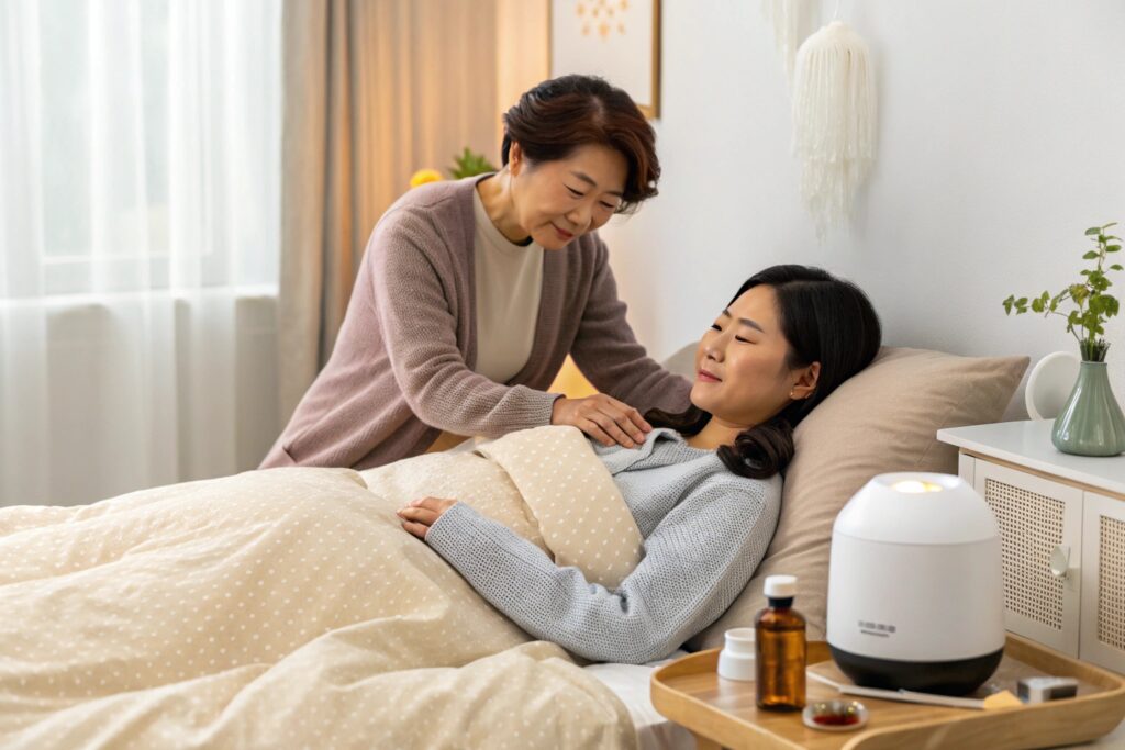 a-korean-mother-resting-on-a-cozy-bed-with-a-postp
