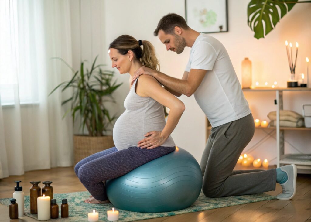 a-pregnant-woman-using-a-birthing-ball-while-her-p